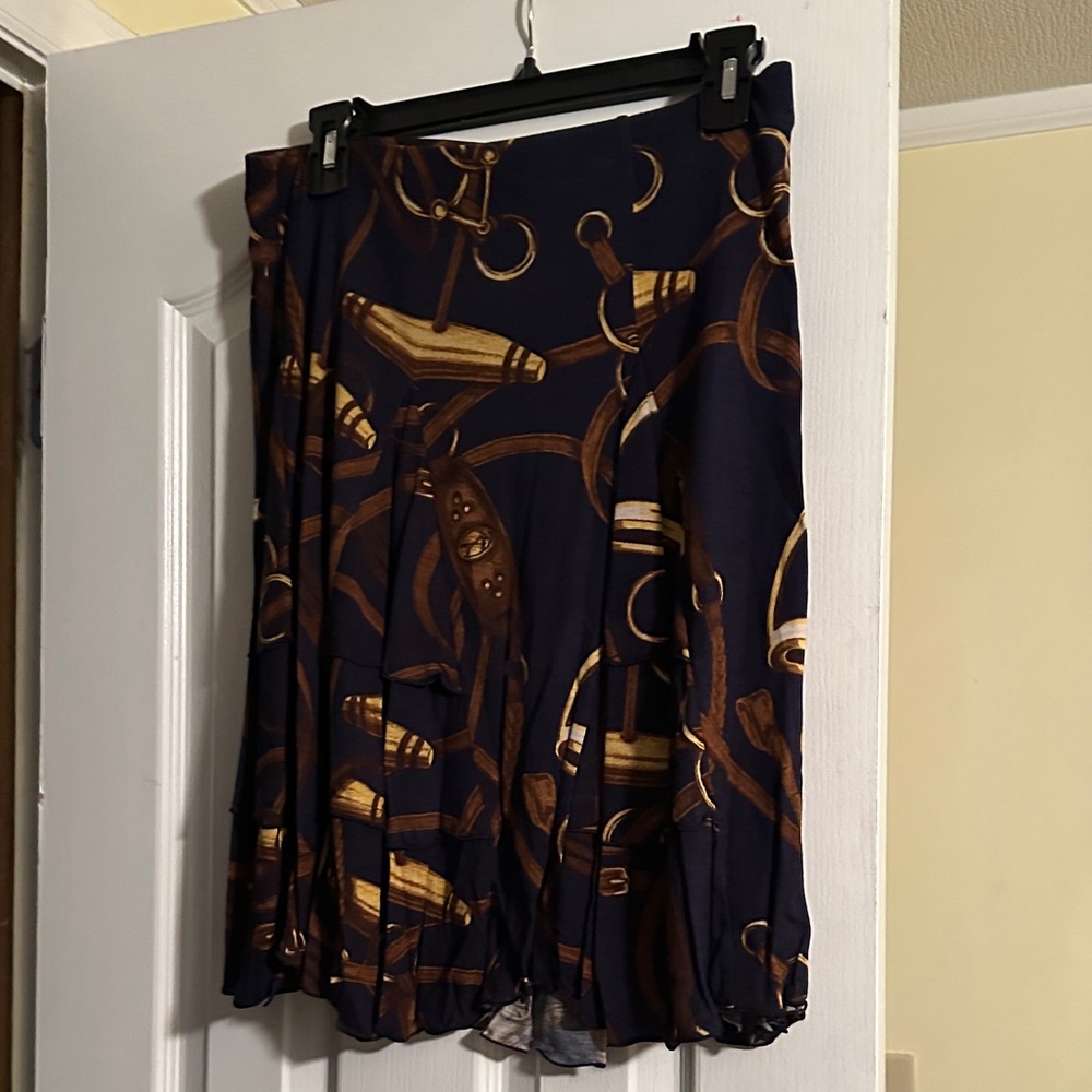 Ralph Lauren Navy and Gold A-Line Skirt with Gore Panels with ruffles